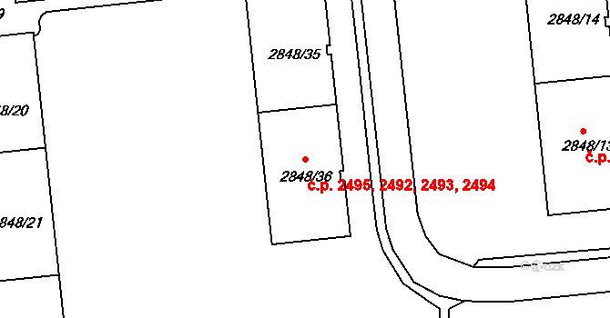 Záběhlice 2492,2493,2494,2495, Praha na parcele st. 2848/36 v KÚ Záběhlice, Katastrální mapa