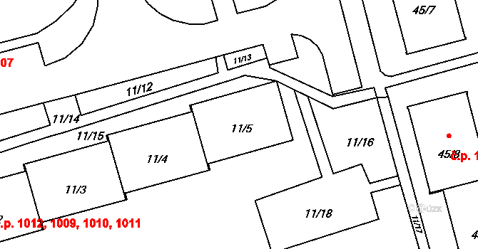 Háje 1009,1010,1011,1012, Praha na parcele st. 11/5 v KÚ Háje, Katastrální mapa