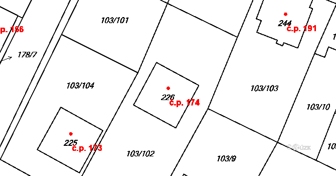 Břežany II 174 na parcele st. 226 v KÚ Břežany II, Katastrální mapa