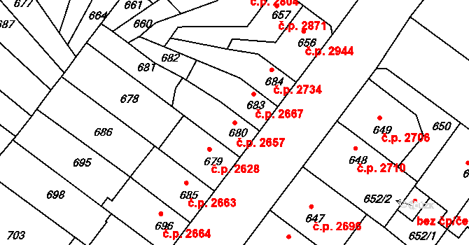 Chomutov 2657 na parcele st. 680 v KÚ Chomutov II, Katastrální mapa