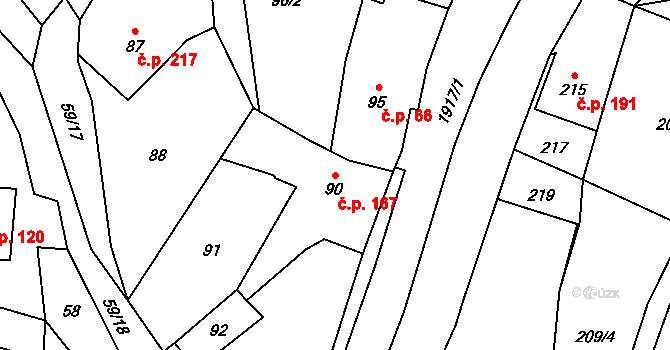 Horní Jasenka 167, Vsetín na parcele st. 90 v KÚ Jasenka, Katastrální mapa
