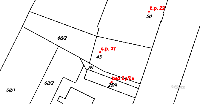 Vrbová Lhota 37 na parcele st. 45 v KÚ Vrbová Lhota, Katastrální mapa