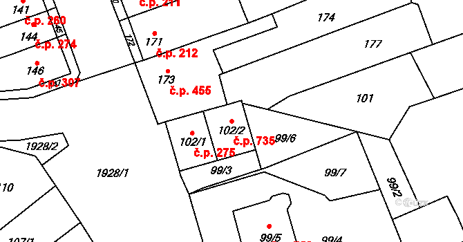 Holice 735, Olomouc na parcele st. 102/2 v KÚ Holice u Olomouce, Katastrální mapa
