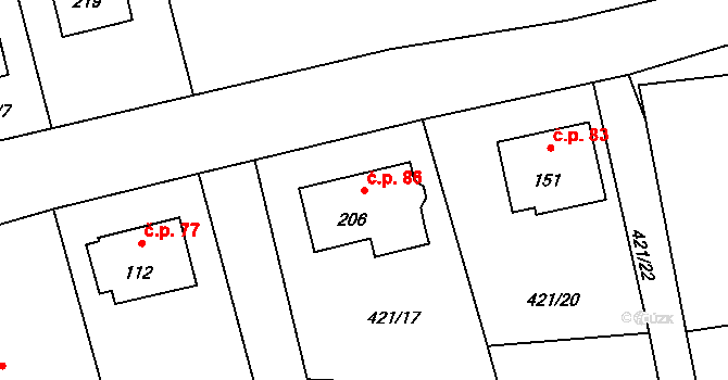 Babina 86, Plasy na parcele st. 206 v KÚ Babina, Katastrální mapa