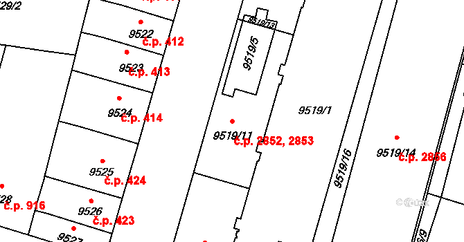 Jižní Předměstí 2852,2853, Plzeň na parcele st. 9519/11 v KÚ Plzeň, Katastrální mapa