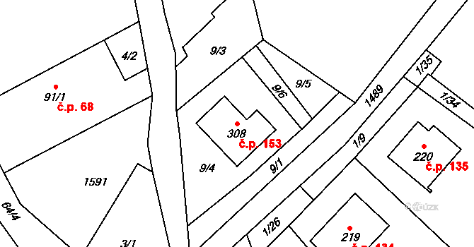 Smrčná 153 na parcele st. 308 v KÚ Smrčná na Moravě, Katastrální mapa