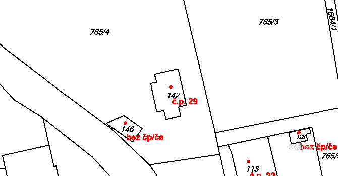 Opřetice 29, Bystřice na parcele st. 142 v KÚ Jinošice, Katastrální mapa