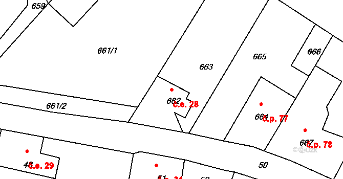 Chřibská 28 na parcele st. 662 v KÚ Chřibská, Katastrální mapa