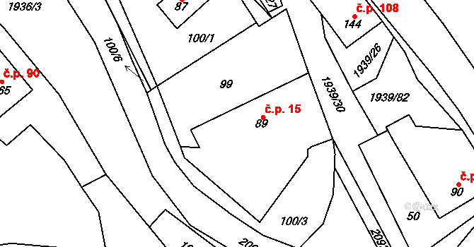 Vojtěchov 15 na parcele st. 89 v KÚ Vojtěchov u Hlinska, Katastrální mapa