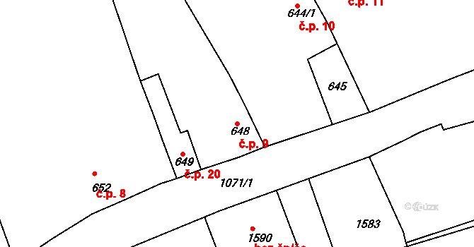 Mimov 9, Osvračín na parcele st. 648 v KÚ Osvračín, Katastrální mapa