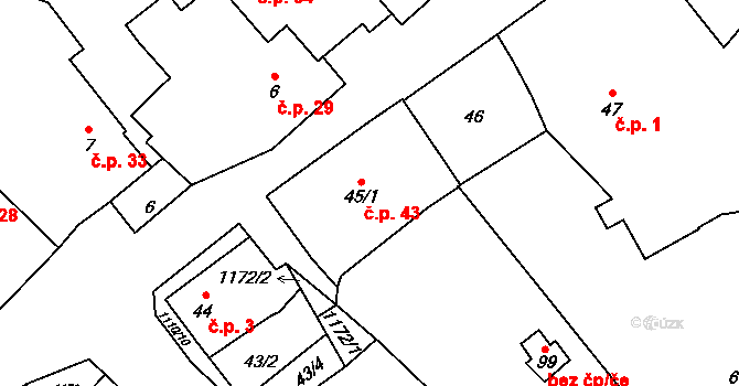 Chlum 43 na parcele st. 45/1 v KÚ Chlum u Blovic, Katastrální mapa