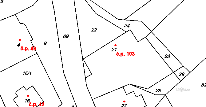 Olbramice 103 na parcele st. 21 v KÚ Olbramice, Katastrální mapa