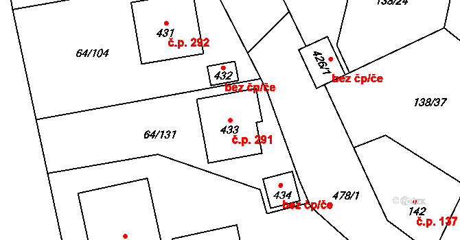 Úžice 291 na parcele st. 433 v KÚ Úžice u Kralup nad Vltavou, Katastrální mapa