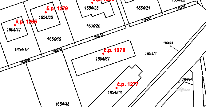 Šumbark 1278, Havířov na parcele st. 1654/67 v KÚ Šumbark, Katastrální mapa