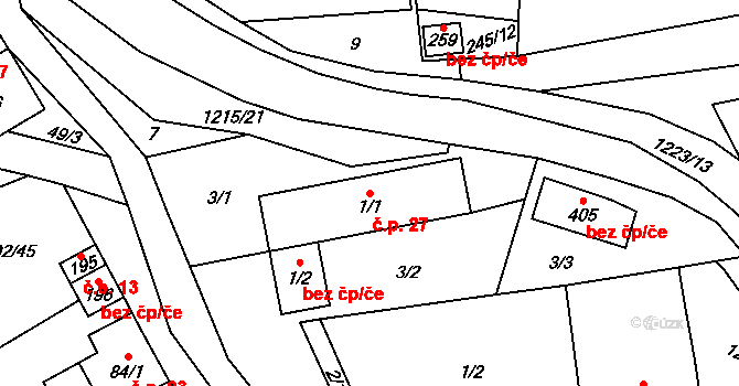 Šlapanov 27 na parcele st. 1/1 v KÚ Šlapanov, Katastrální mapa