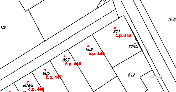 Hrušky 445 na parcele st. 809 v KÚ Hrušky, Katastrální mapa