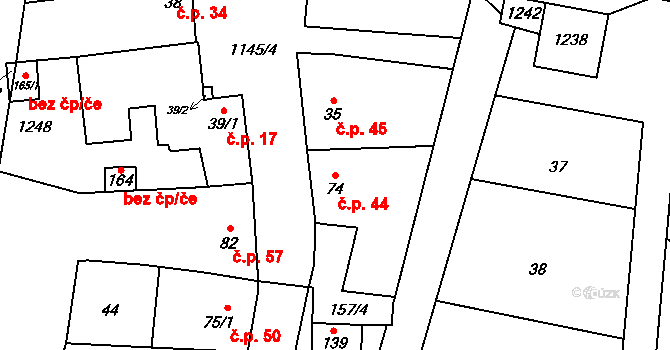 Bařice 44, Bařice-Velké Těšany na parcele st. 74 v KÚ Bařice, Katastrální mapa