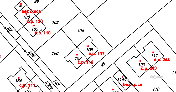 Prosenice 117 na parcele st. 105 v KÚ Proseničky, Katastrální mapa