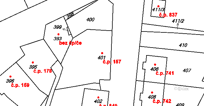 Troubky 157 na parcele st. 401 v KÚ Troubky nad Bečvou, Katastrální mapa