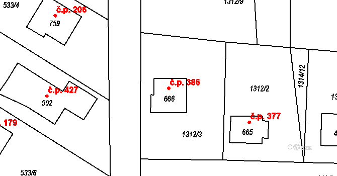 Kamenný Újezd 386 na parcele st. 666 v KÚ Kamenný Újezd, Katastrální mapa