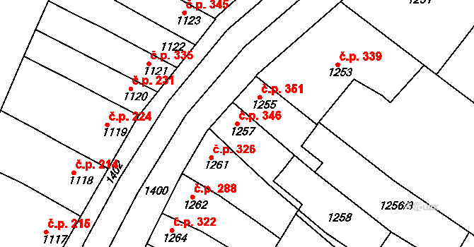 Židlochovice 346 na parcele st. 1257 v KÚ Židlochovice, Katastrální mapa