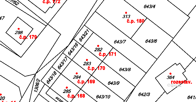 Rychtářov 171, Vyškov na parcele st. 282 v KÚ Rychtářov, Katastrální mapa