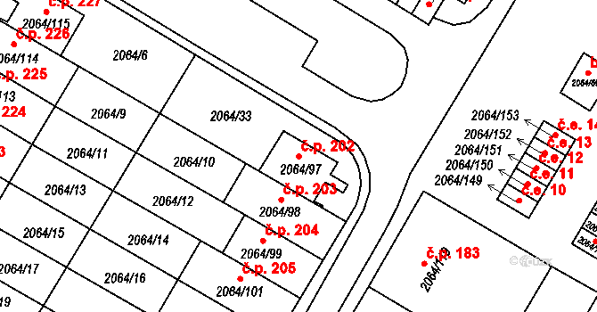 Brňany 202, Vyškov na parcele st. 2064/97 v KÚ Vyškov, Katastrální mapa