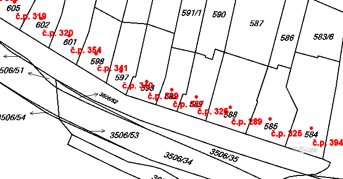 Vyškov-Předměstí 327, Vyškov na parcele st. 592 v KÚ Vyškov, Katastrální mapa