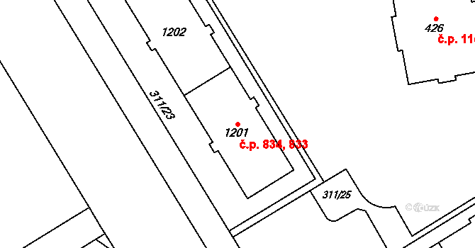 Uničov 833,834 na parcele st. 1201 v KÚ Uničov, Katastrální mapa