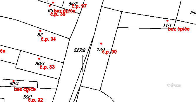Třebívlice 90 na parcele st. 12/1 v KÚ Třebívlice, Katastrální mapa