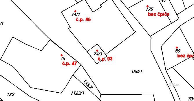 Koldín 93 na parcele st. 74/3 v KÚ Koldín, Katastrální mapa