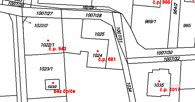 Dolní Lutyně 681 na parcele st. 1024 v KÚ Dolní Lutyně, Katastrální mapa