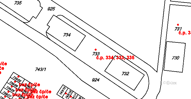 Milovice 333,334,335 na parcele st. 733 v KÚ Milovice nad Labem, Katastrální mapa