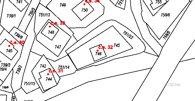 Prunéřov 32, Kadaň na parcele st. 746 v KÚ Prunéřov, Katastrální mapa