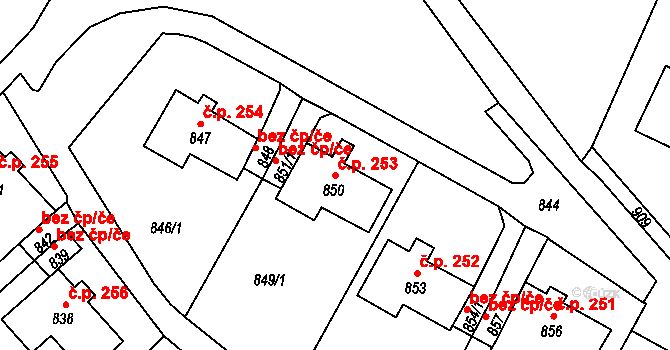 Bystřany 253 na parcele st. 850 v KÚ Bystřany, Katastrální mapa