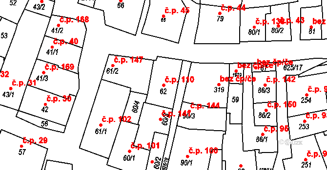 Zámostí 110, Třebíč na parcele st. 62 v KÚ Podklášteří, Katastrální mapa