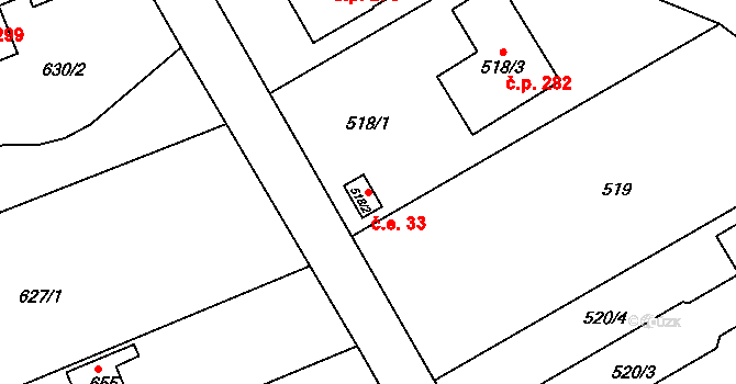 Mokrá Hora 33, Brno na parcele st. 518/2 v KÚ Mokrá Hora, Katastrální mapa