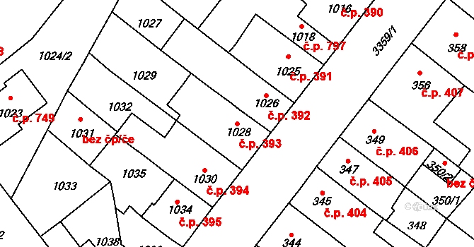 Pelhřimov 393 na parcele st. 1028 v KÚ Pelhřimov, Katastrální mapa