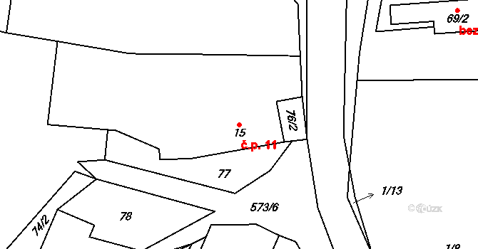 Miletice 11, Dlažov na parcele st. 15 v KÚ Miletice u Dlažova, Katastrální mapa