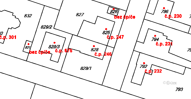 Satalice 246, Praha na parcele st. 828 v KÚ Satalice, Katastrální mapa
