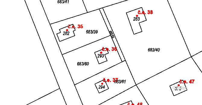 Halouny 36, Svinaře na parcele st. 293 v KÚ Svinaře, Katastrální mapa