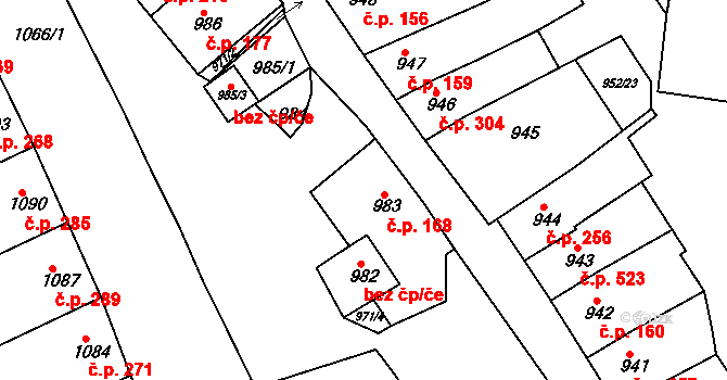 Blučina 168 na parcele st. 983 v KÚ Blučina, Katastrální mapa