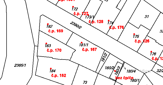 Rosice 167 na parcele st. 181/1 v KÚ Rosice u Brna, Katastrální mapa