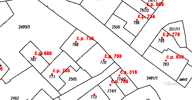 Rosice 768 na parcele st. 770 v KÚ Rosice u Brna, Katastrální mapa