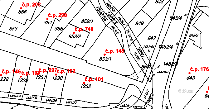 Troubsko 143 na parcele st. 853/1 v KÚ Troubsko, Katastrální mapa