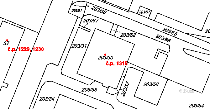 Podlesí 1318, Havířov na parcele st. 203/30 v KÚ Bludovice, Katastrální mapa