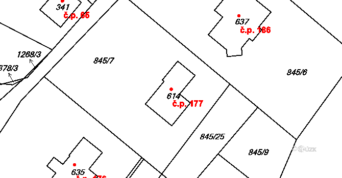 Děčín XVII-Jalůvčí 177, Děčín na parcele st. 614 v KÚ Prostřední Žleb, Katastrální mapa