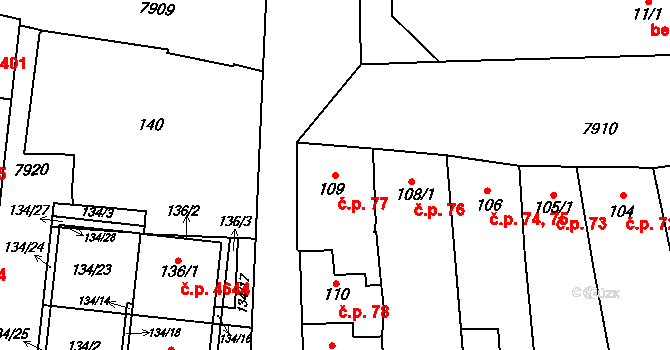 Prostějov 77 na parcele st. 109 v KÚ Prostějov, Katastrální mapa