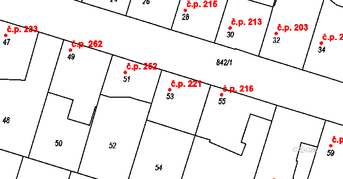 Poříčany 221 na parcele st. 53 v KÚ Poříčany, Katastrální mapa