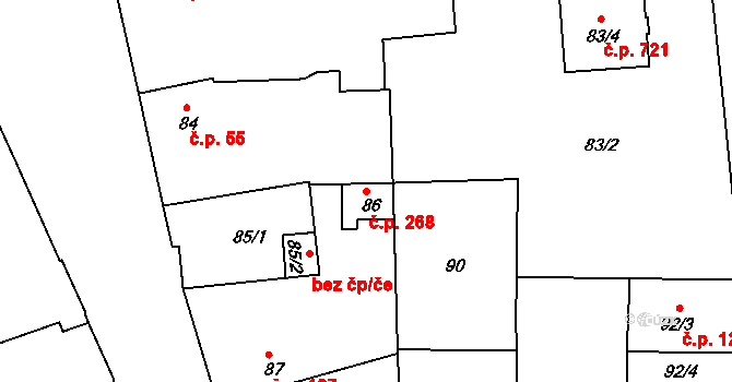 Černice 268, Plzeň na parcele st. 86 v KÚ Černice, Katastrální mapa